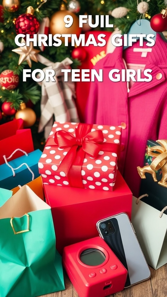 A collection of Christmas gifts for teen girls including clothing, accessories, and gadgets, set in a festive holiday setting.